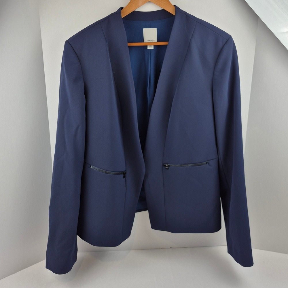 Halogen Women's XL Navy Blue Collarless Open Front Blazer Jacket Zipper Pockets‎
